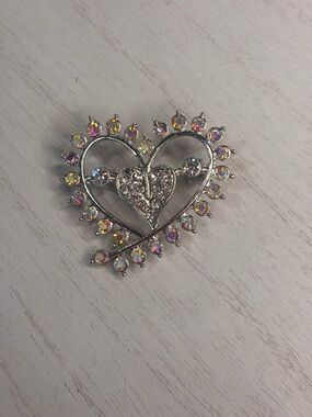 Rhinestone Heart Brooch with Aurora Borealis Crystals Vintage Inspired